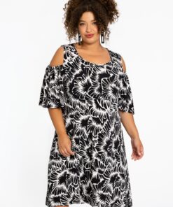 YOEK Jurk met cold shoulders ALICE | Zwart | Maat 50/52
