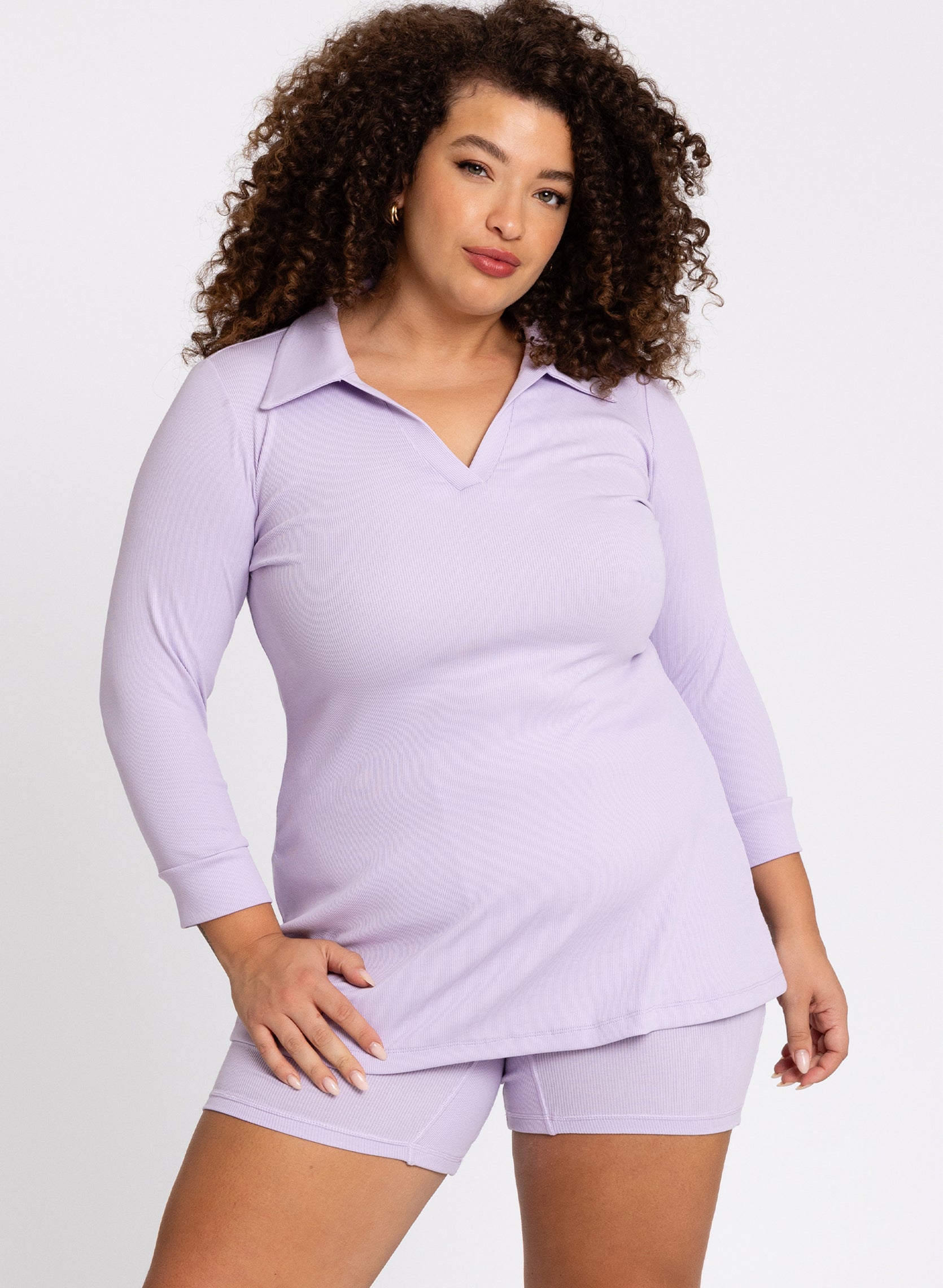 YOEK Polo-tuniek flare LOUNGE | Grote maten tuniek | Lila | Maat 38/40