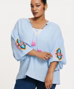 YOEK Tuniek met pailletten CHAMBRAY | Grote maten tuniek | Lichtblauw | Maat 42/44
