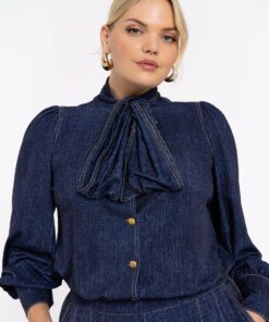 YOEK Tuniek met strik DENIM | Grote maten tuniek | Blauw | Maat 58/60