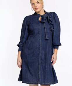 YOEK Jurk met strik DENIM | Blauw | Maat 54/56