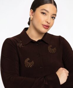 YOEK Blouse flare met strass | Bruin | Maat 46/48