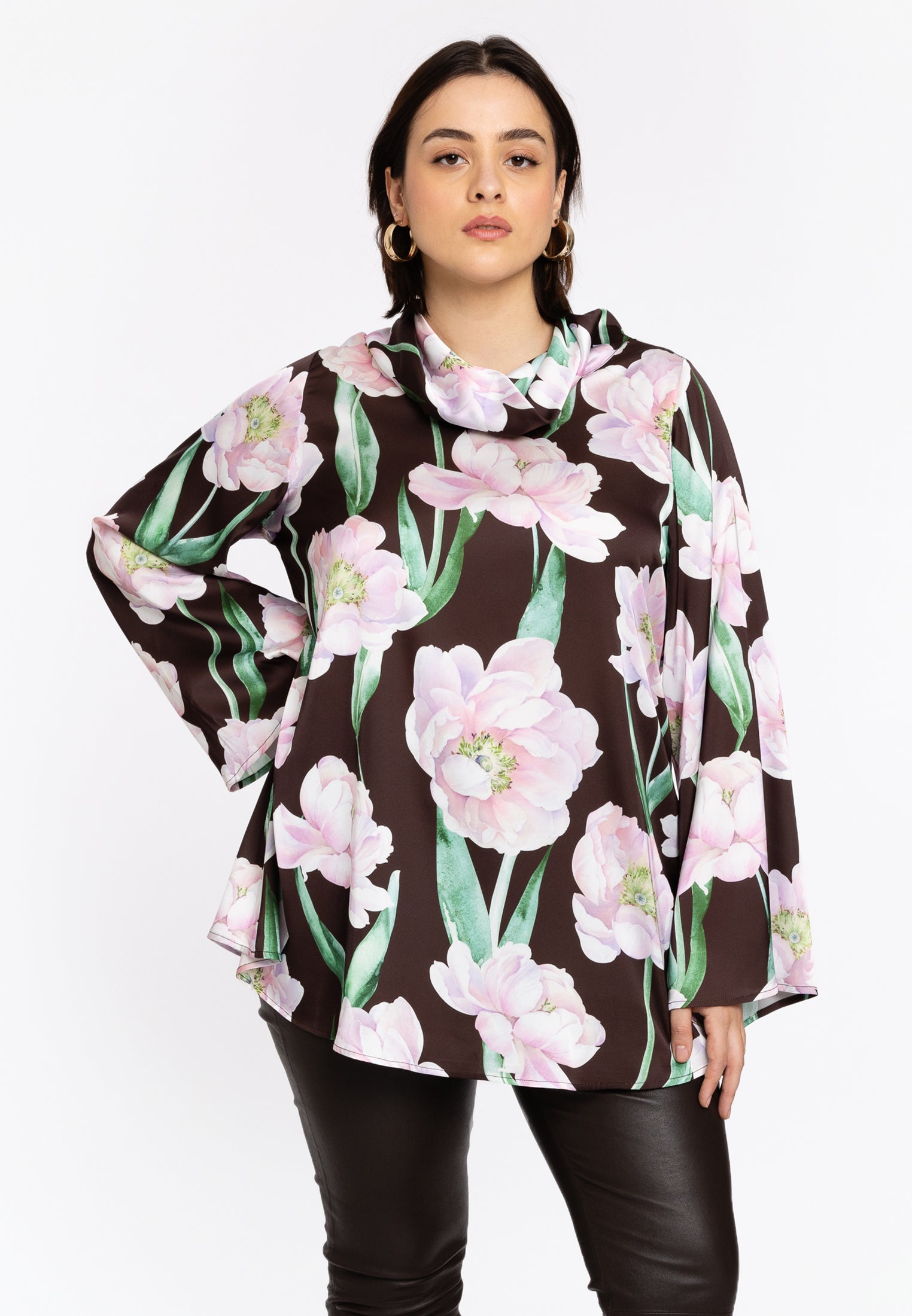 YOEK Satijnen tuniek FIORITO | Grote maten tuniek | Bruin | Maat 42/44