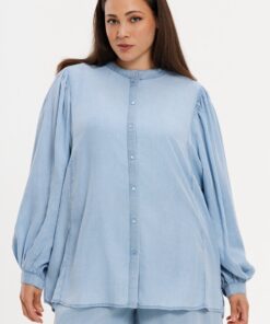 YOEK Blouse met pofmouw INDIGO LYOCELL | Blauw | Maat 46/48