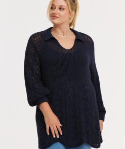 YOEK Trui met polokraag AJOUR | Blauw | Maat 54/56
