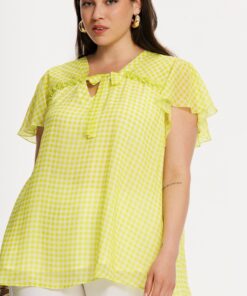 YOEK Tuniek met ruches VICHY | Grote maten tuniek | Geel | Maat 42/44