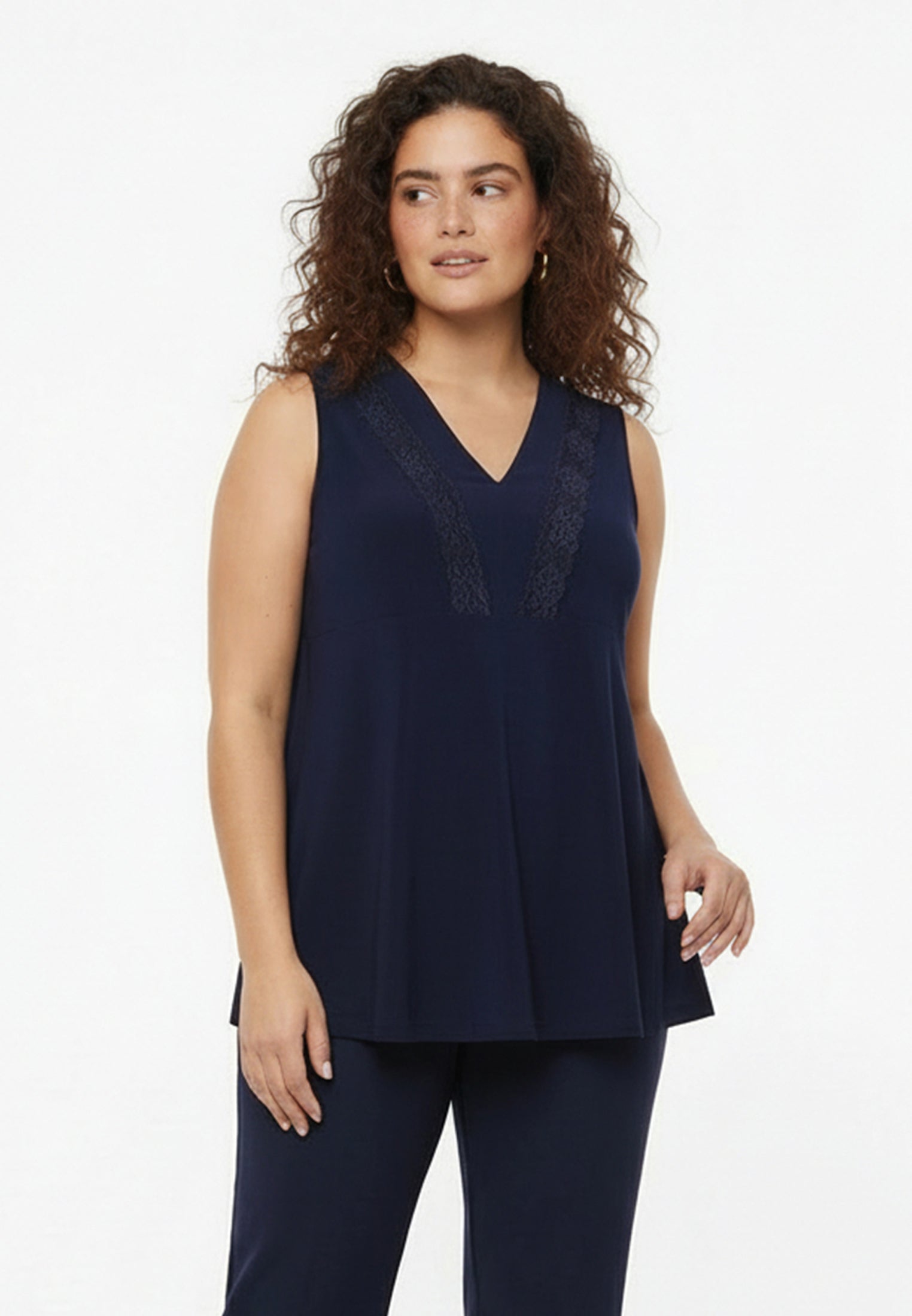 YOEK Singlet flare met kant | Blauw | Maat 54/56