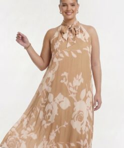 YOEK Jurk BLURRED ROSES | Lichtbruin | Maat 54/56