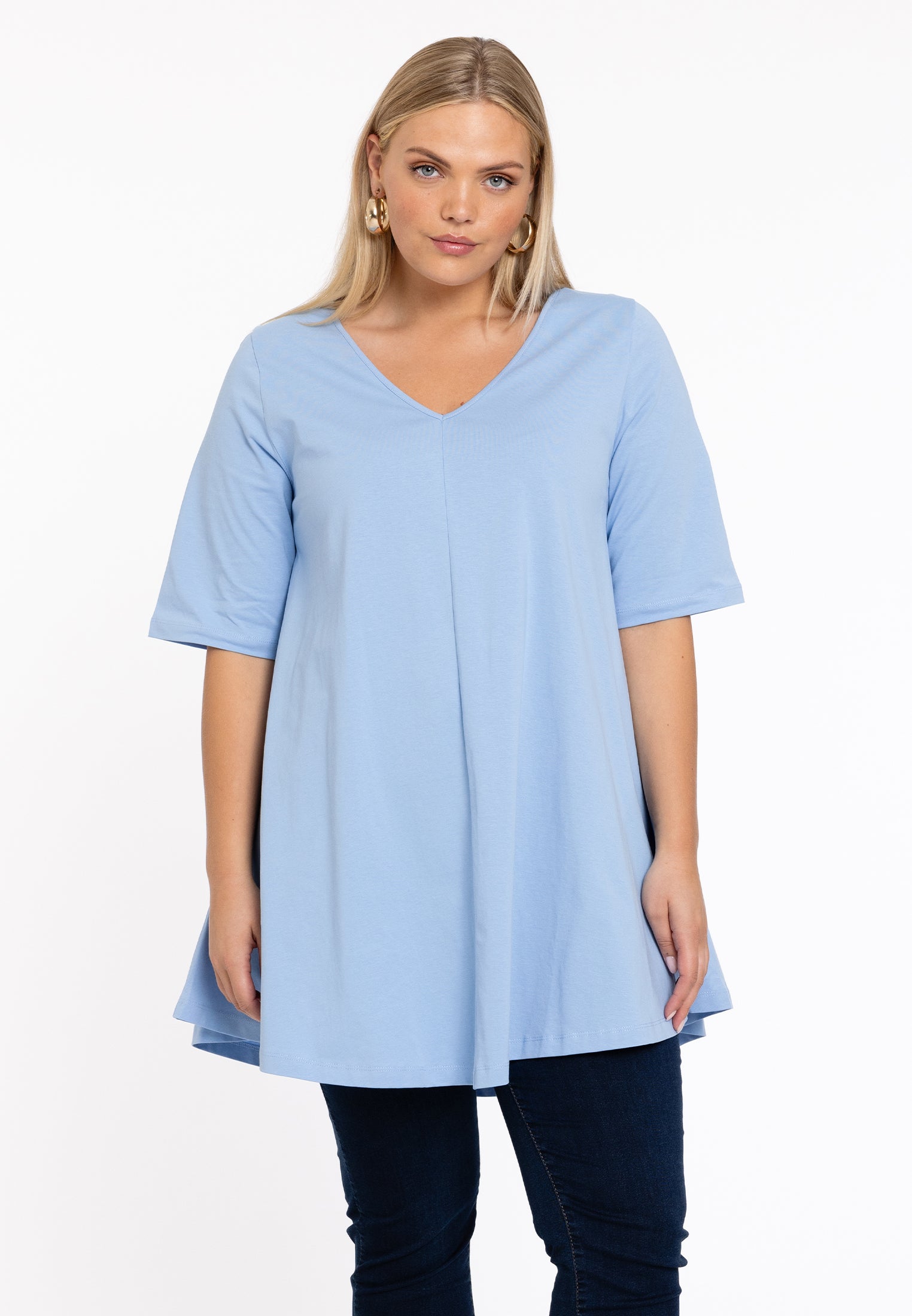 YOEK Tuniek Swing korte mouw | Grote maten tuniek | Lichtblauw | Maat 42/44