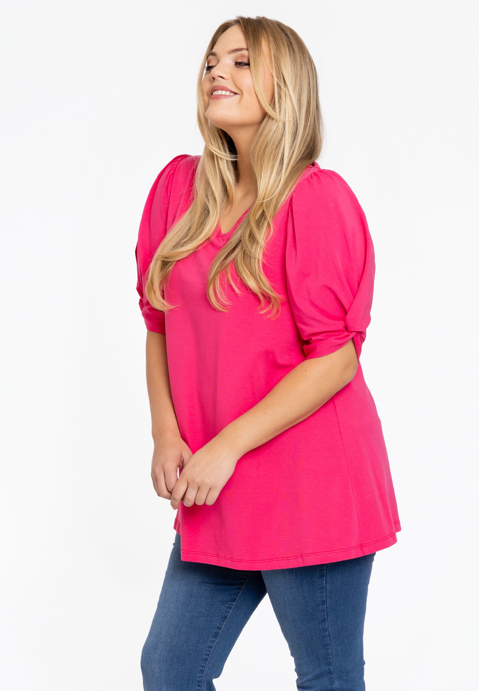 YOEK Tuniek flare met pofmouwen | Grote maten tuniek | Roze | Maat 38/40