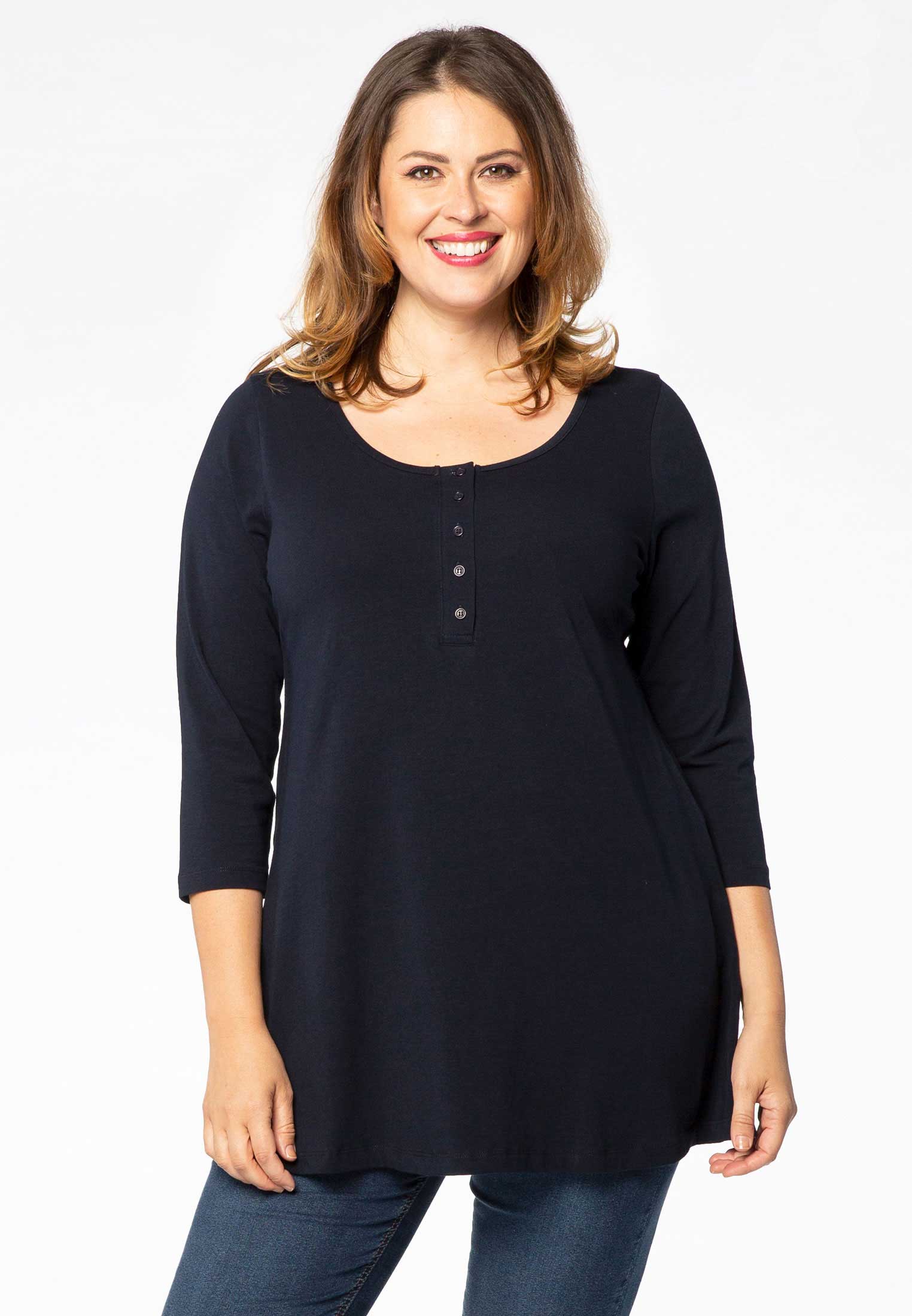 YOEK Tuniek flare fit knopen | Grote maten tuniek | Blauw | Maat 58/60