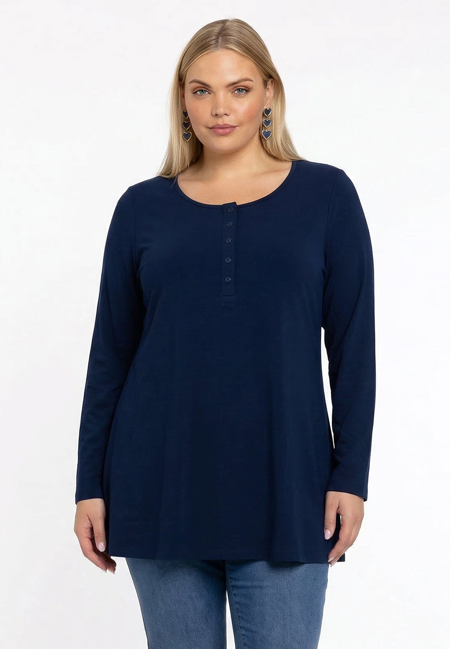 YOEK Tuniek flare knopen | Grote maten tuniek | Blauw | Maat 46/48