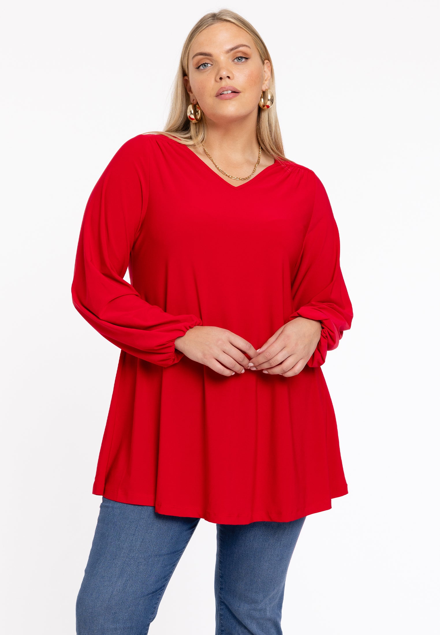 YOEK Tuniek wide bottom V-hals | Grote maten tuniek | Rood | Maat 58/60
