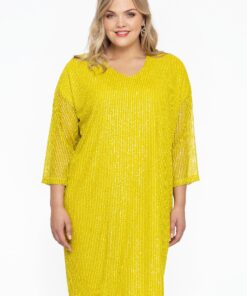 YOEK Tuniek V pailletten | Grote maten tuniek | Geel | Maat 50/52