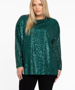 YOEK Tuniek vierkant met pailletten | Grote maten tuniek | Groen | Maat 54/56