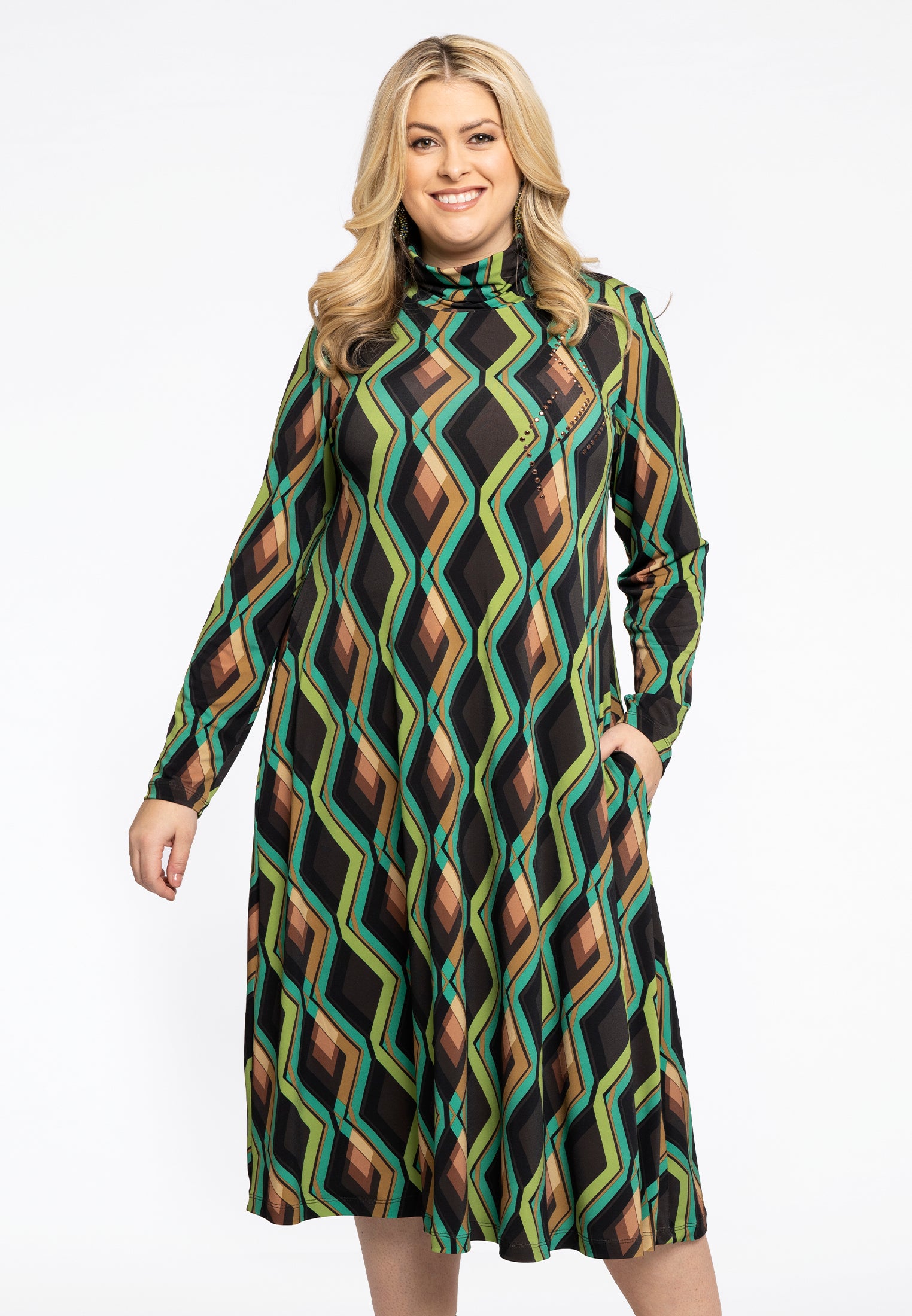 YOEK Lange jurk met col GATSBY strass | Bruin | Maat 42/44