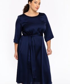 YOEK Jurk met ceintuur SATINI | Blauw | Maat 42/44