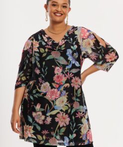 YOEK Tuniek met watervalhals ORIENTAL FLOWER | Grote maten tuniek | Zwart | Maat 58/60