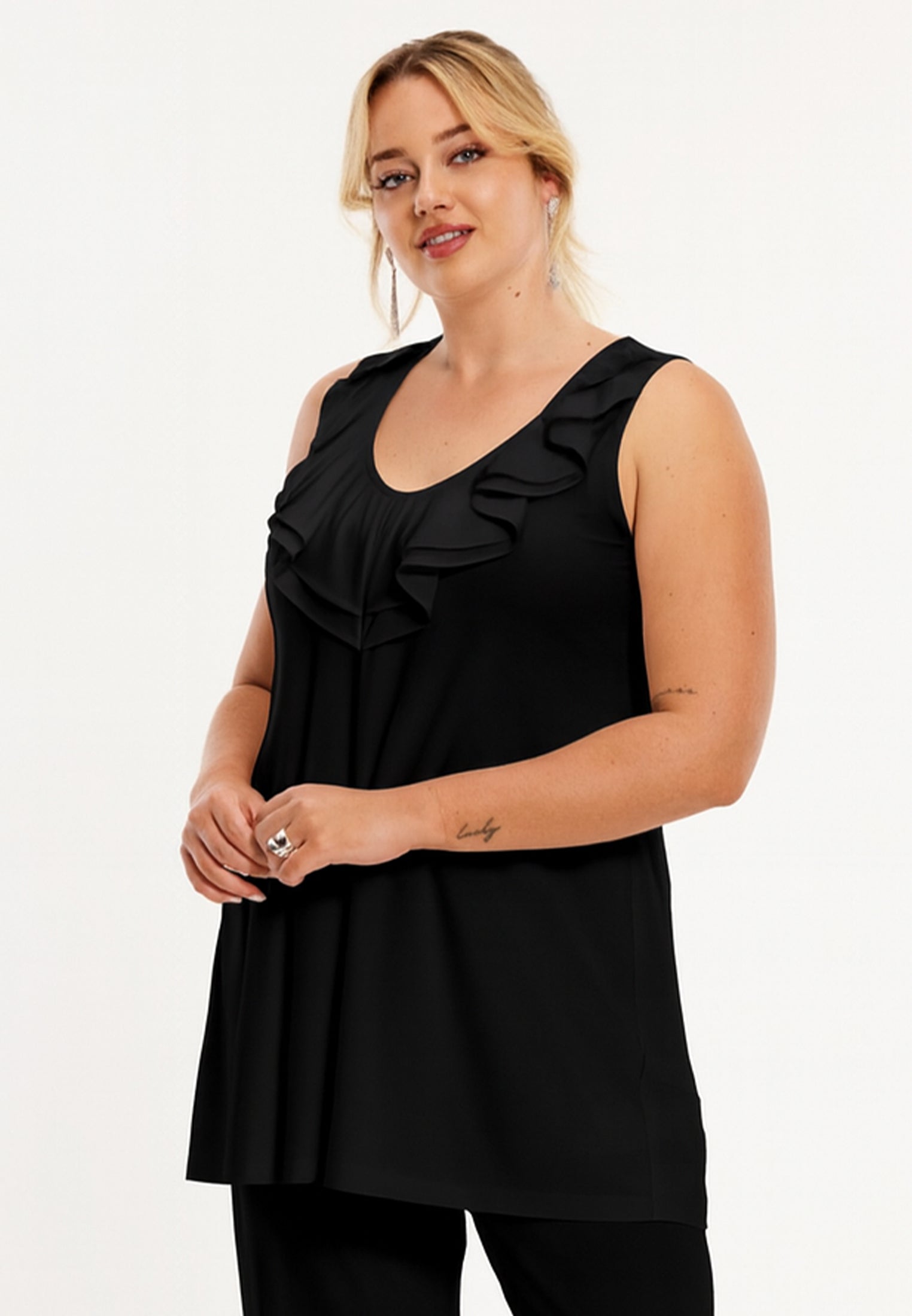 YOEK Singlet flare met ruches R | Zwart | Maat 42/44