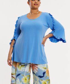 YOEK Tuniek flare met ruches | Grote maten tuniek | Blauw | Maat 54/56