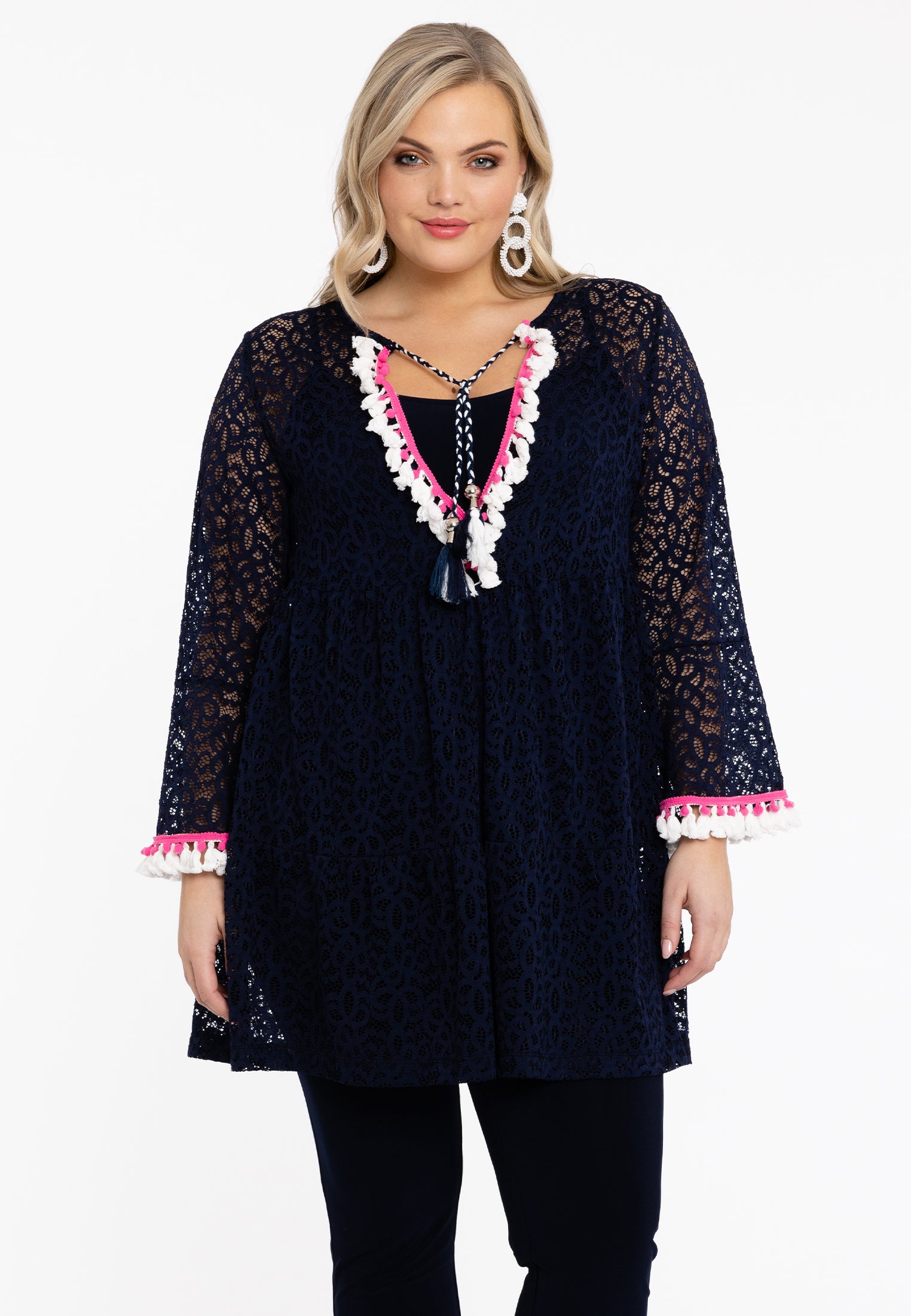 YOEK Tuniek pom-pom | Grote maten tuniek | Blauw | Maat 42/44
