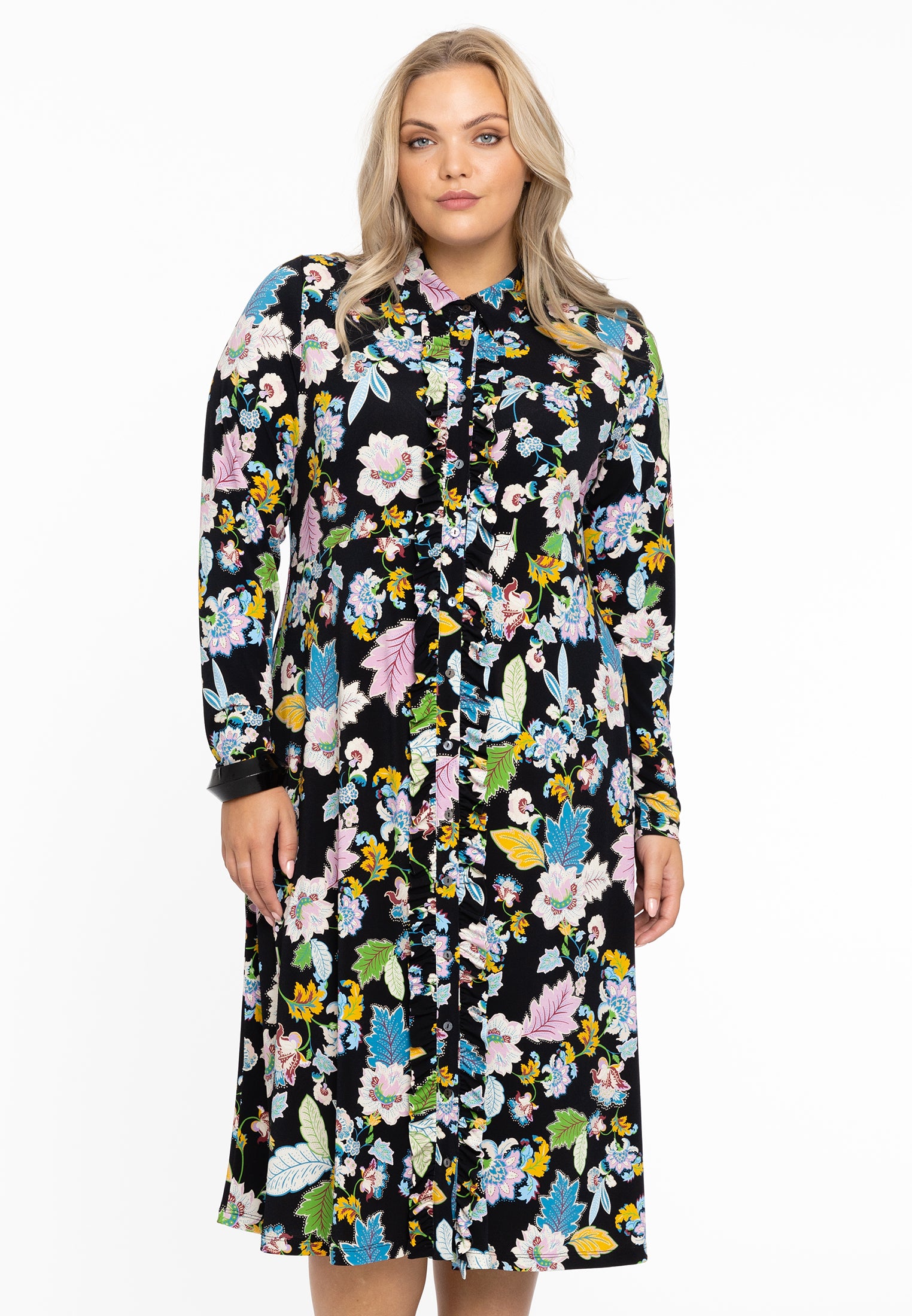 YOEK Blouse-jurk FLOWERPOWER | Zwart | Maat 38/40