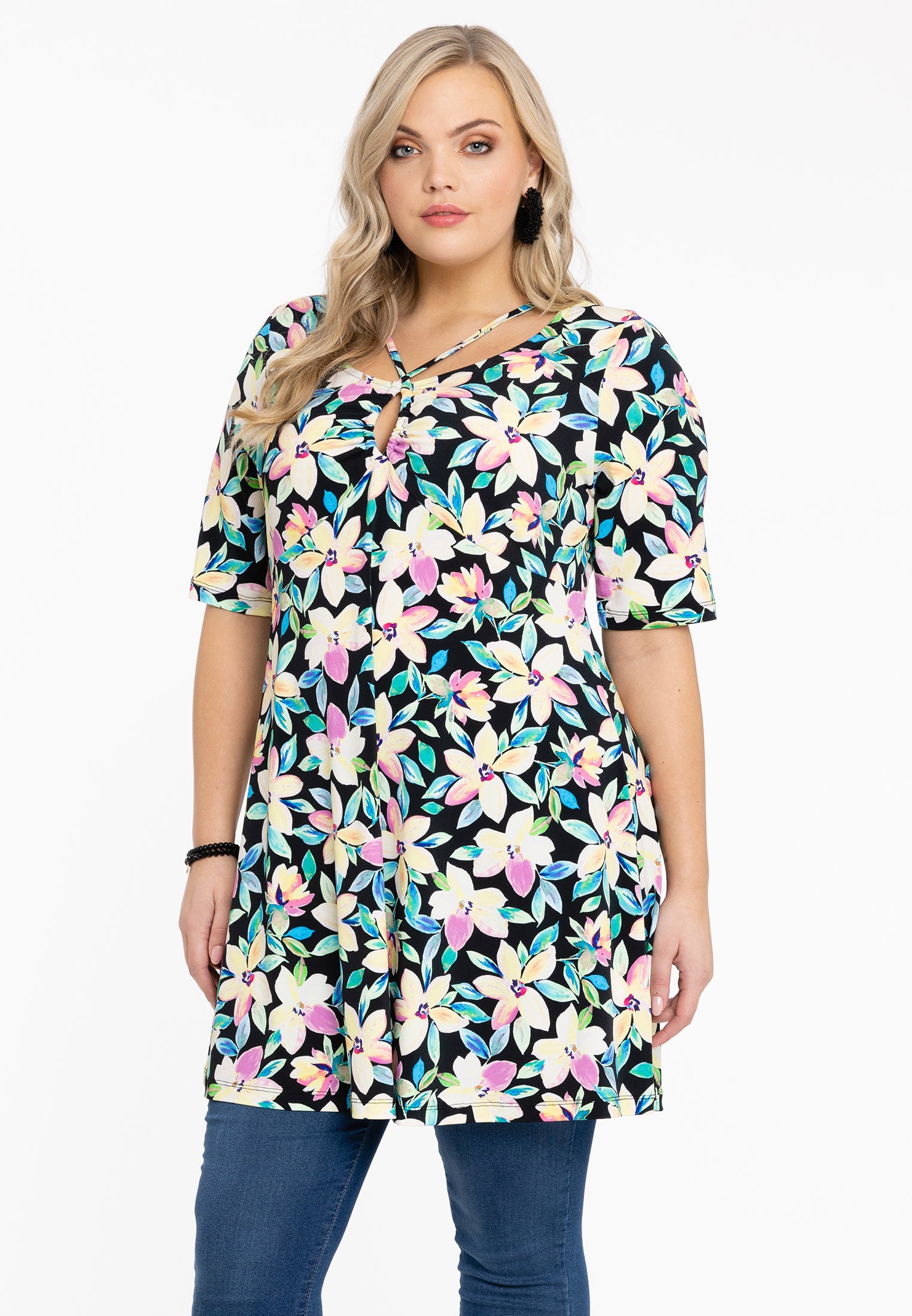 YOEK Tunic wide bottom strings OPAL | Zwart | Maat 42/44