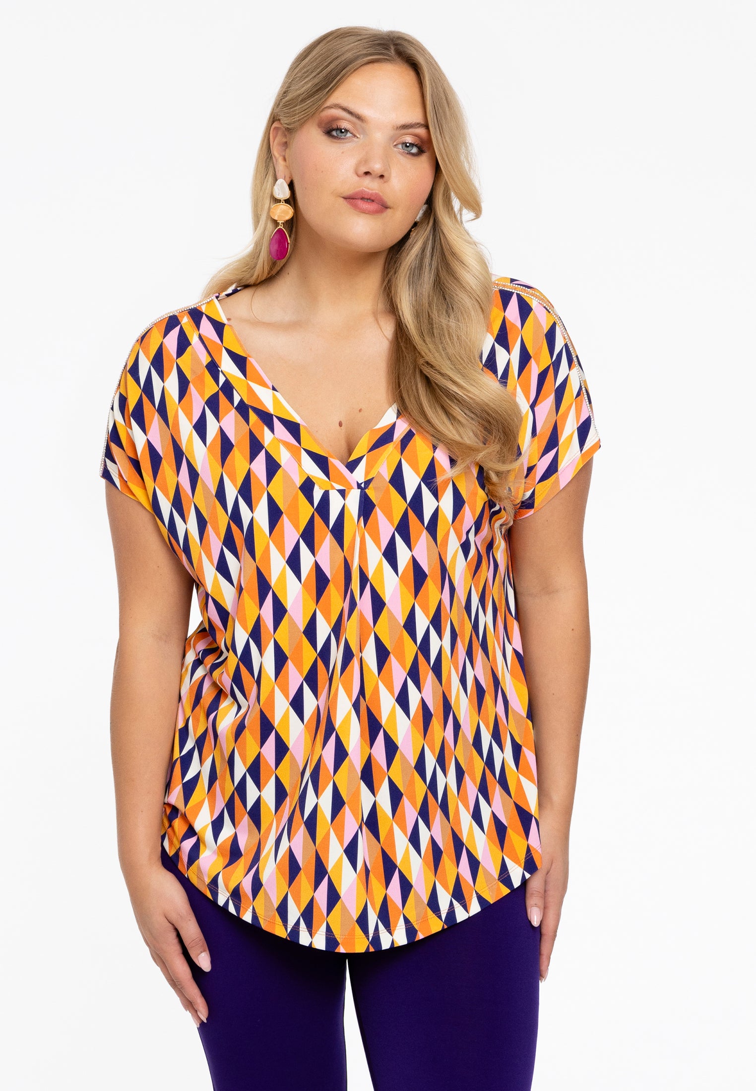 YOEK Tuniek v-hals HARLEQUIN | Grote maten tuniek | Oranje | Maat 38/40