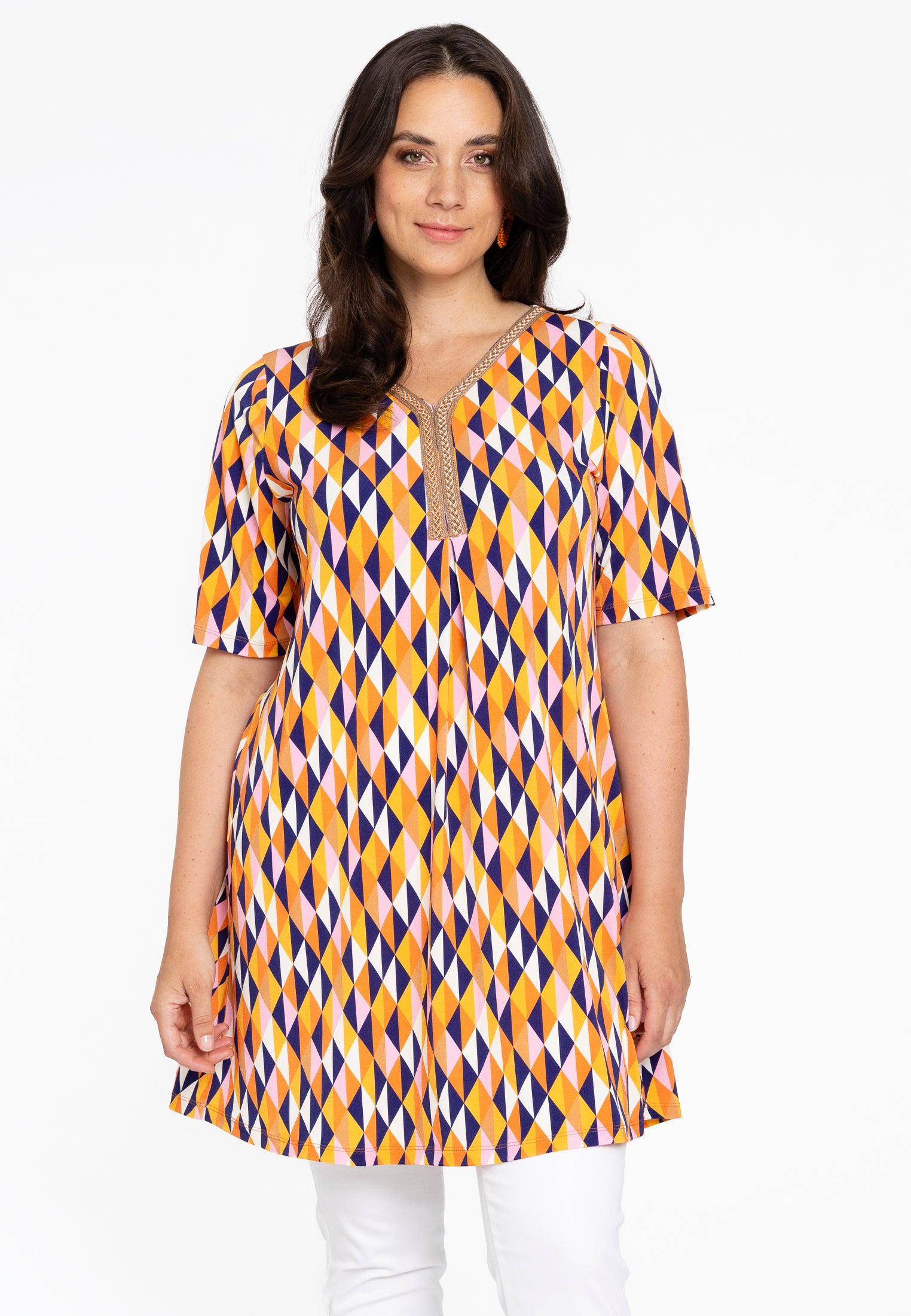 YOEK Tuniek met plooi HARLEQUIN | Grote maten tuniek | Oranje | Maat 42/44