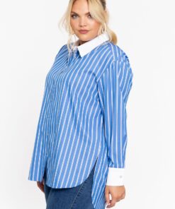 YOEK Blouse met knopen RIGHE | Blauw | Maat 50/52