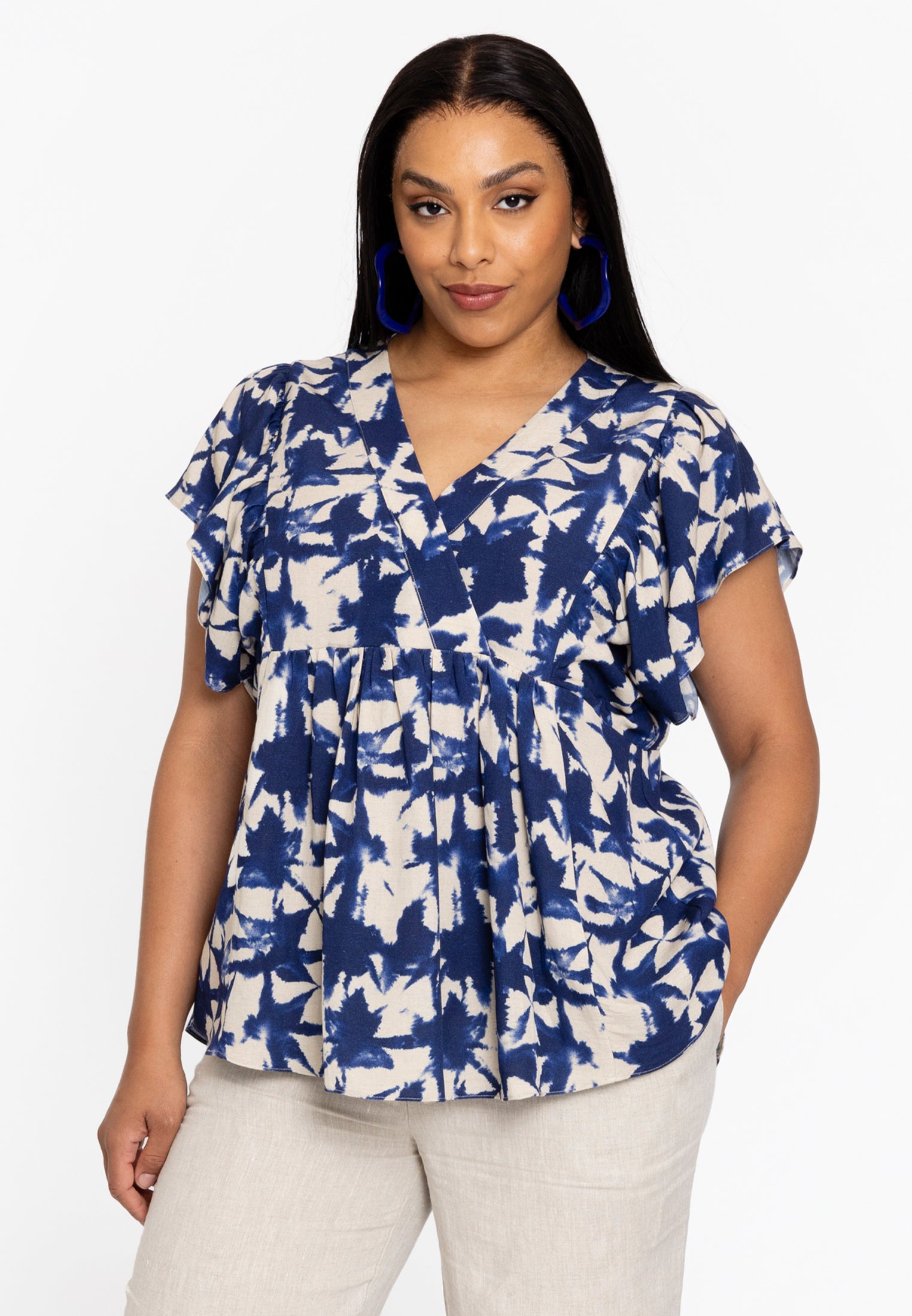 YOEK Tuniek met ruches TESSA | Grote maten tuniek | Blauw | Maat 50/52